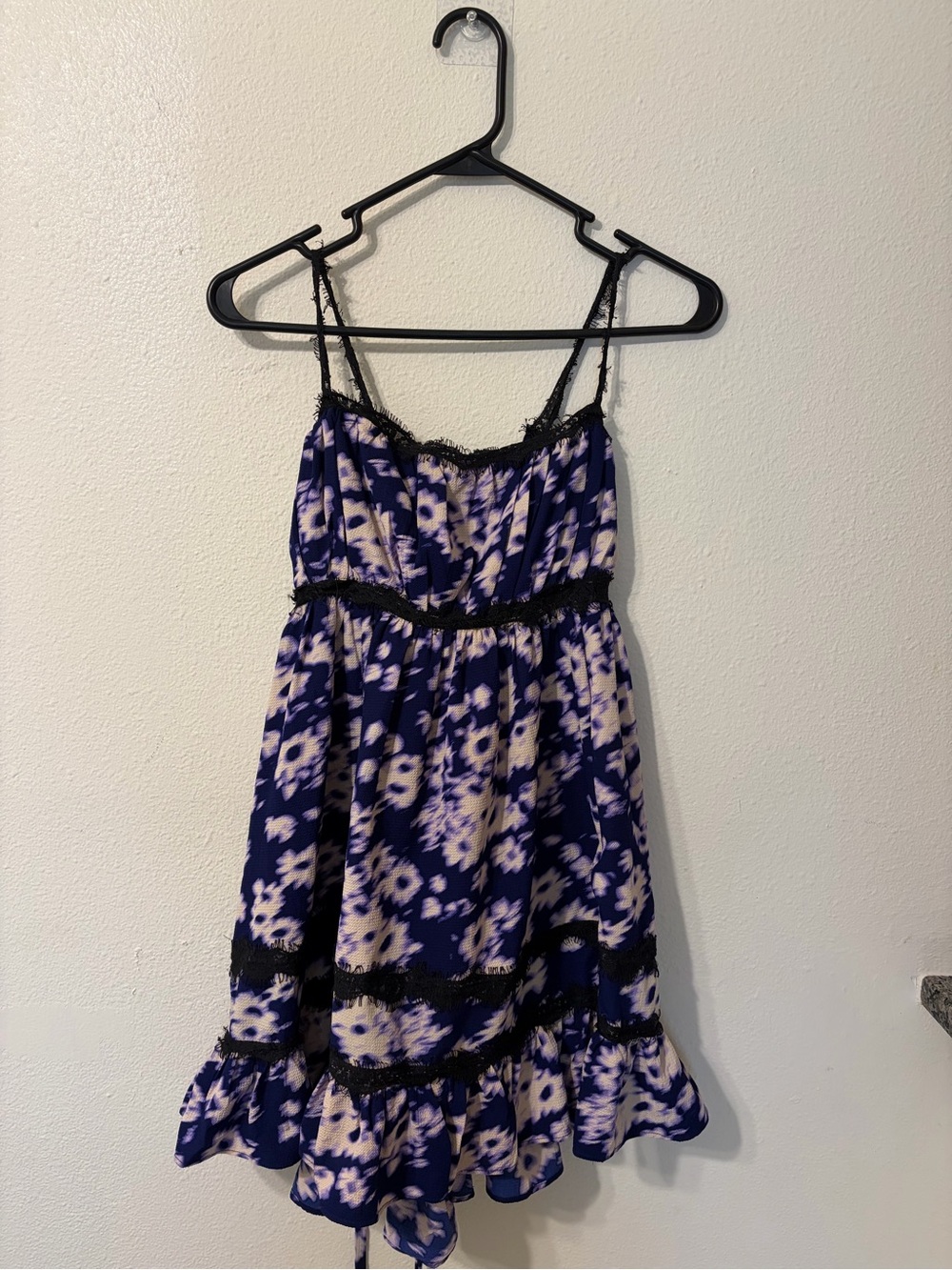 Blue and Cream Floral Lace-Trim Babydoll dress